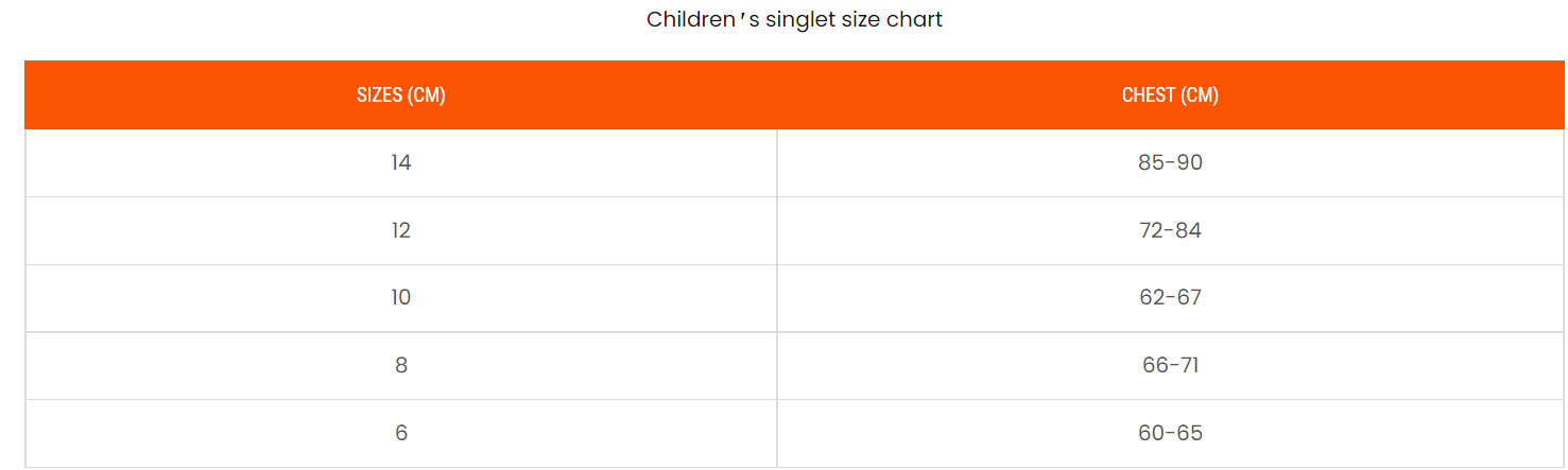 children's singlet size chart