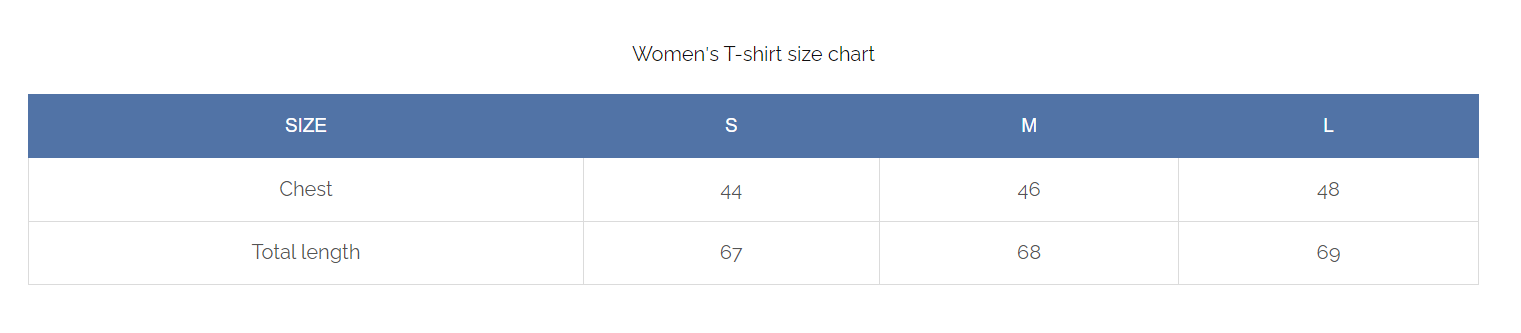 Women t-shirts measurements table